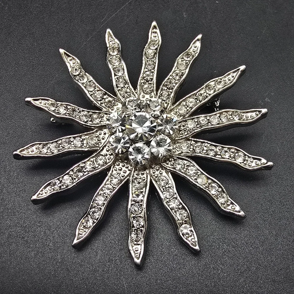 Rhinestone Sunburst Brooch Silver Tone Celestial Vintage Costume Jewelry